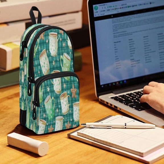 Backpack Pencil Case, 3 Compartment Large Capacity Oxford Fabric Pencil Pouch / Green Coffee Cups and Snowflakes