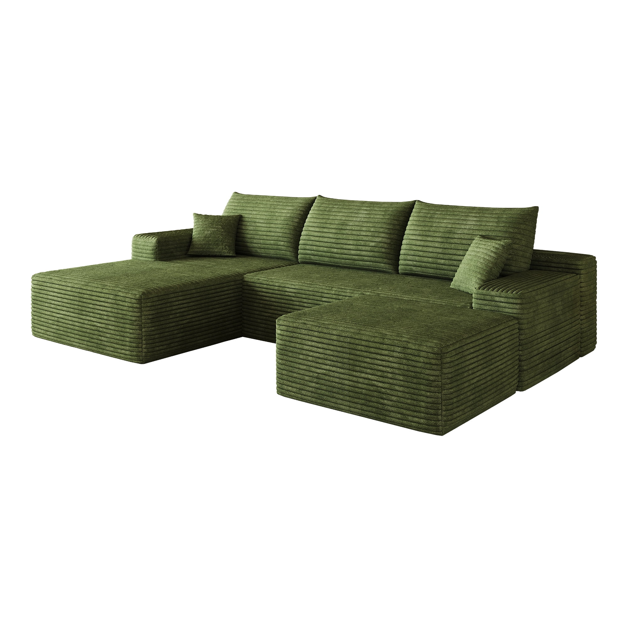 Cloud Sectional Sofa 107 Inch, U-Shaped Modular Couch with Ottoman and Corduroy Fabric, Deep Seat Corner Sofa for Living Room, No Assembly Required, Green