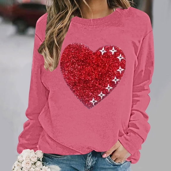 Womens Valentines Sweatshirts Love Heart Printed Shirts Loose Long Sleeve Round Neck Blouses Valentine's Day Sweater Pullover Tops Plus Size