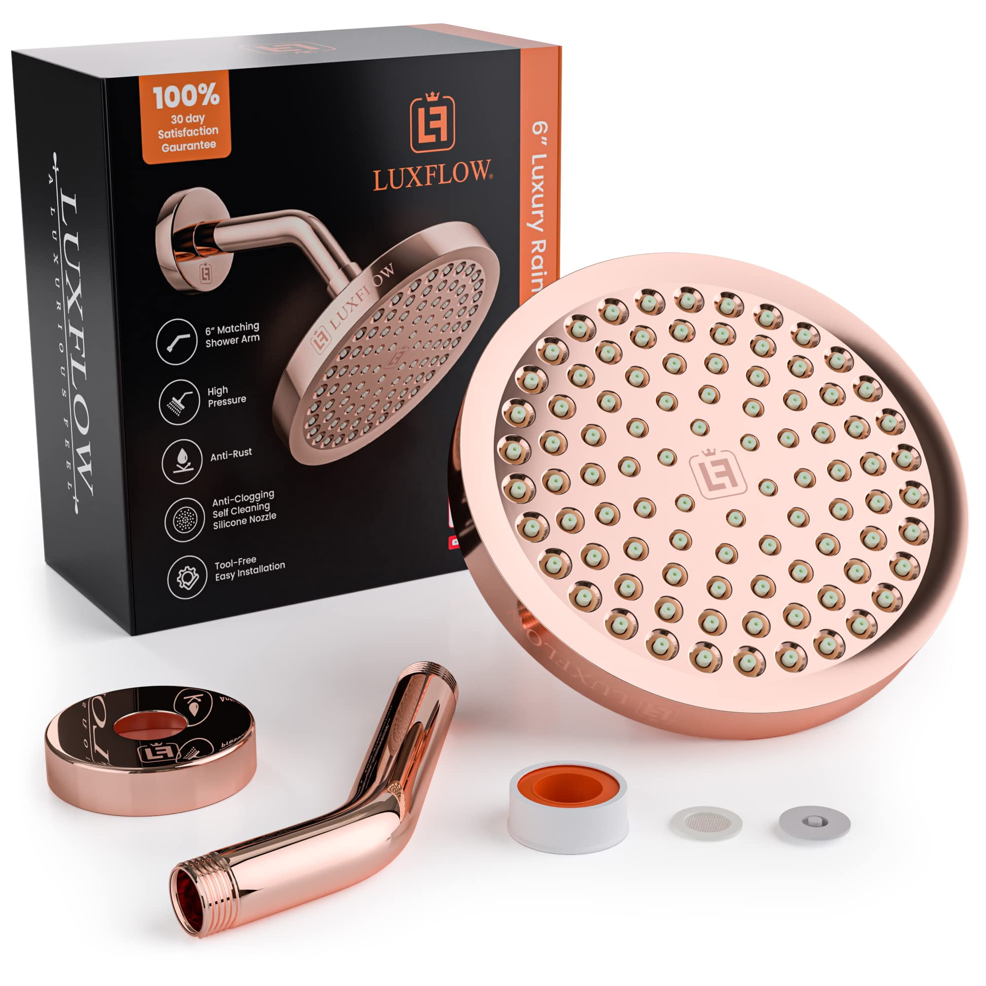 LUXFLOW 6" Rain Shower Head with Matching Arm – High Pressure, Anti-Clogging, Rustproof, Easy 3-Minute Install – Radiant Rose Gold
