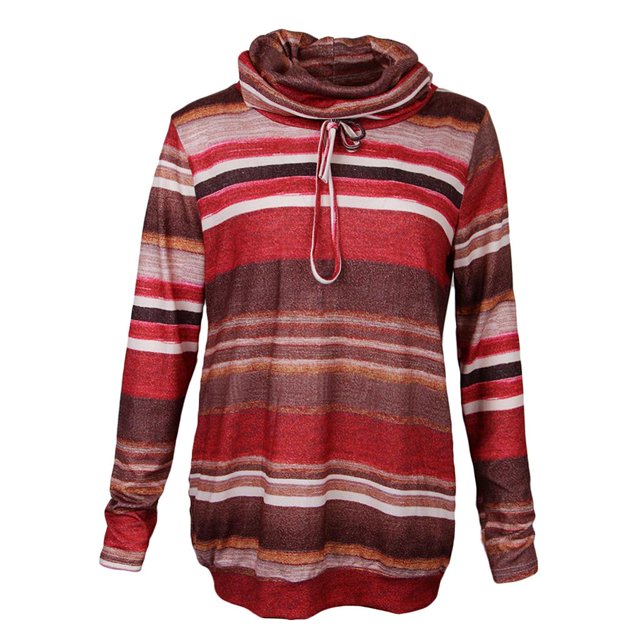Blusas cálidas de manga larga a rayas con cuello vuelto, cordón y bolsillos para mujer S
