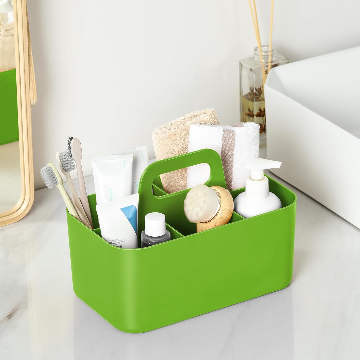 Ahot Multiuse Caddy Organizer with Handle - Stackable Plastic Tote Bin - Art Craft Supplies, Office, Desk, Stationery Pen Holder, Kitchen, Utensil, Makeup, Bathroom, Shower, Cleaning-Green