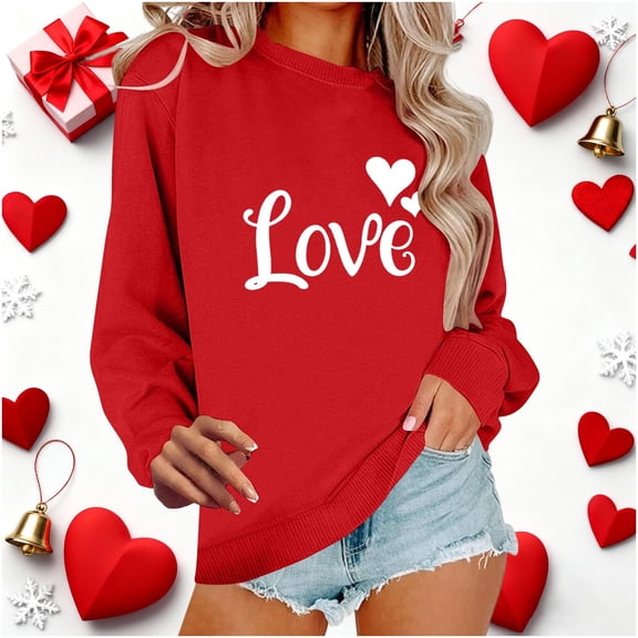 XUNKUSGA Sweatshirts for Women Love Heart Graphic Pullover Top Loose Valentine Long Sleeve Shirts for Women Casual Skin-Friendly Breathable Going Out Tops for Women S-3XL Red