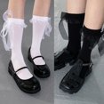 thumbnail image 4 of CANKER Women Girls Solid Color Calf-Length/Knee High Socks Japanese Lolita Kawaii Sweet Ribbon Bow Ruffles Lace Retro Stockings, 4 of 19
