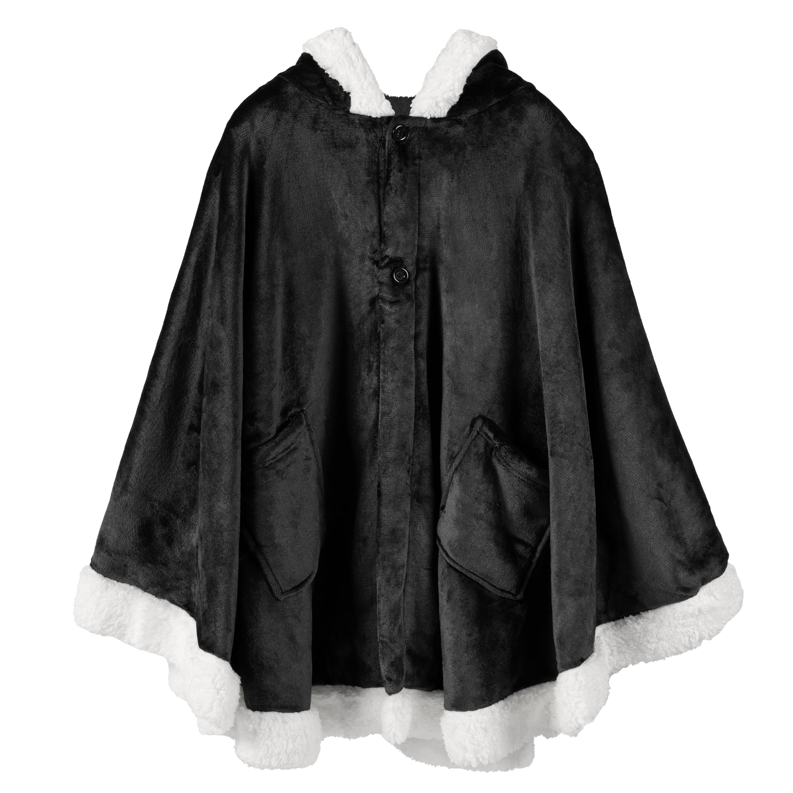 PAVILIA Wearable Blanket for Adult Women, Cozy Plush Fleece Blanket Poncho Cape with Hood, Super Soft Shawl, Angel Wrap Throw for Office, Black