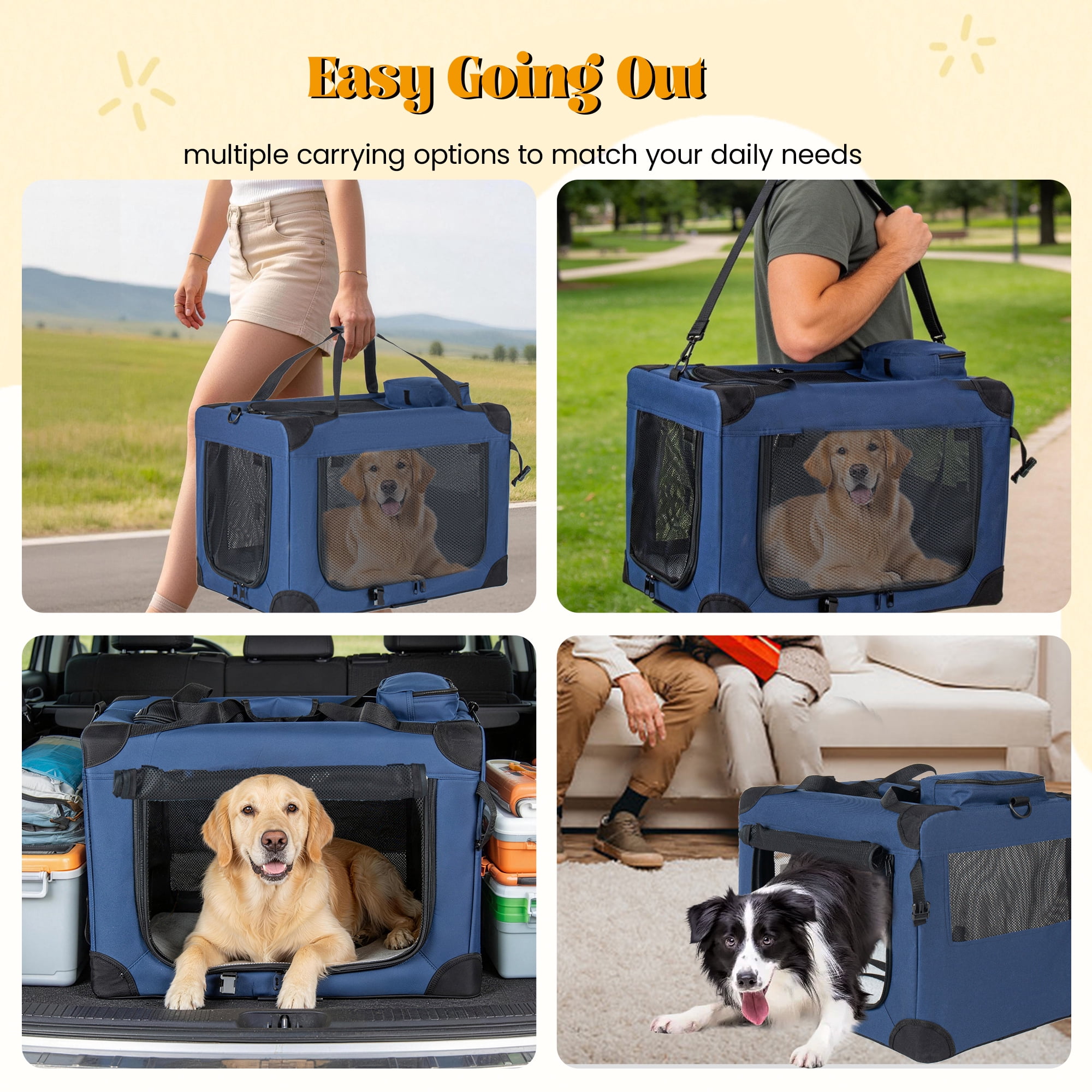 Zephypaws  Portable Dog Crate,36"x25"x25" Collapsible Dog Travel Crate for Medium/Large Dogs with Soft Blanket,Foldable Bowl & Poop Bag Dispenser,Indoor & Outdoor Use,Blue