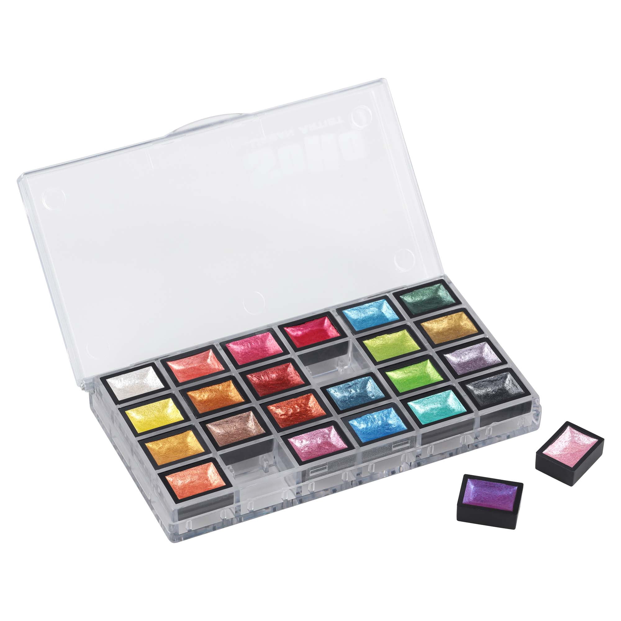 SoHo Urban Artist Mini Pan Metallic Watercolor Set of 24 – Luminous Shimmering Mini Pans, Professional Watercolor Paint Set in Clear Plastic Case, Semi-Moist Watercolor Pans for Easy Color Lift
