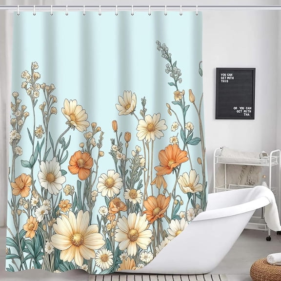 Floral Shower Curtain, Blue Watercolor Flower Shower Curtains for Bathroom, Modern Minimalist Waterproof Fabric Bath Curtain 72x72 Inch