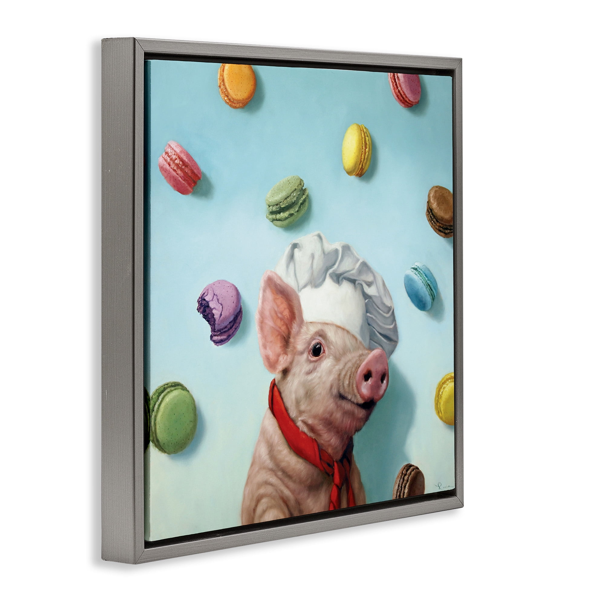 Stupell Industries Pig Chef with Playful Macarons Animals & Insects Painting Gray Floater Framed Canvas Art Print Wall Art, 18 x 18