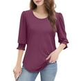 thumbnail image 5 of bbyeadc Red Blouses for Women Round Neck Smocked Cuff Ruched Shirts 3/4 Sleeve Dressy Casual Loose Basic Trendy Tops Summer Basic Business Tshirts Clothes, Wine L, 5 of 7