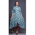 thumbnail image 2 of Bimba Robe Anarkali Imprimée à Plumes de Paon Bleues pour Femmes, Col Mandarin, Kurtis Indiennes pour Femmes, Tenue de Fête - Moyen, 2 of 5