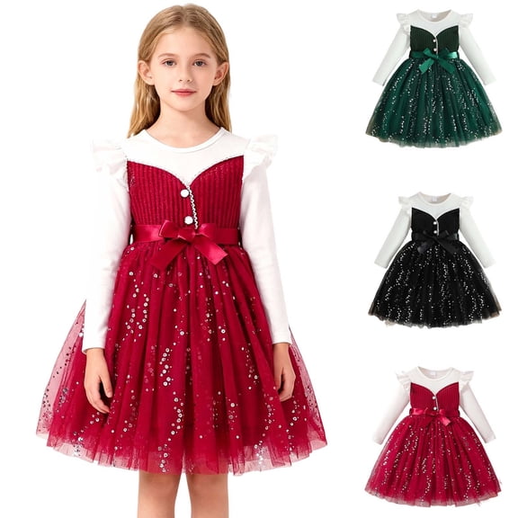 Loopsun 3-10 Years Girls Long Sleeve Removable Waist Belt Fashion Solid Dress Red, 5-6 Years