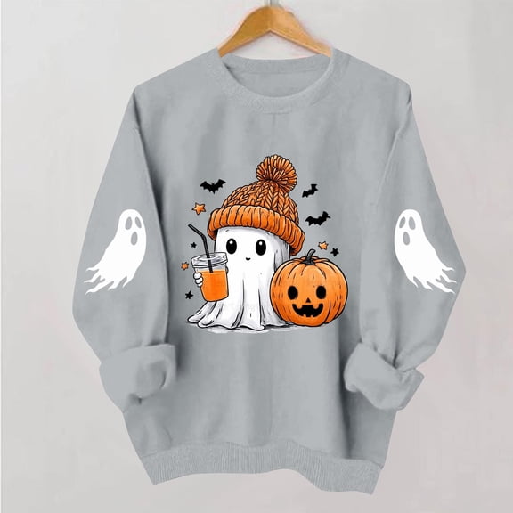 BRGZLK Womens Halloween Sweatshirts Cute Ghost Pumpkin Print Crewneck Long Sleeve Pullover Tops Oversized Fleece Lined Sweaters Top Funny Y2k Fall Clothes Gray XL