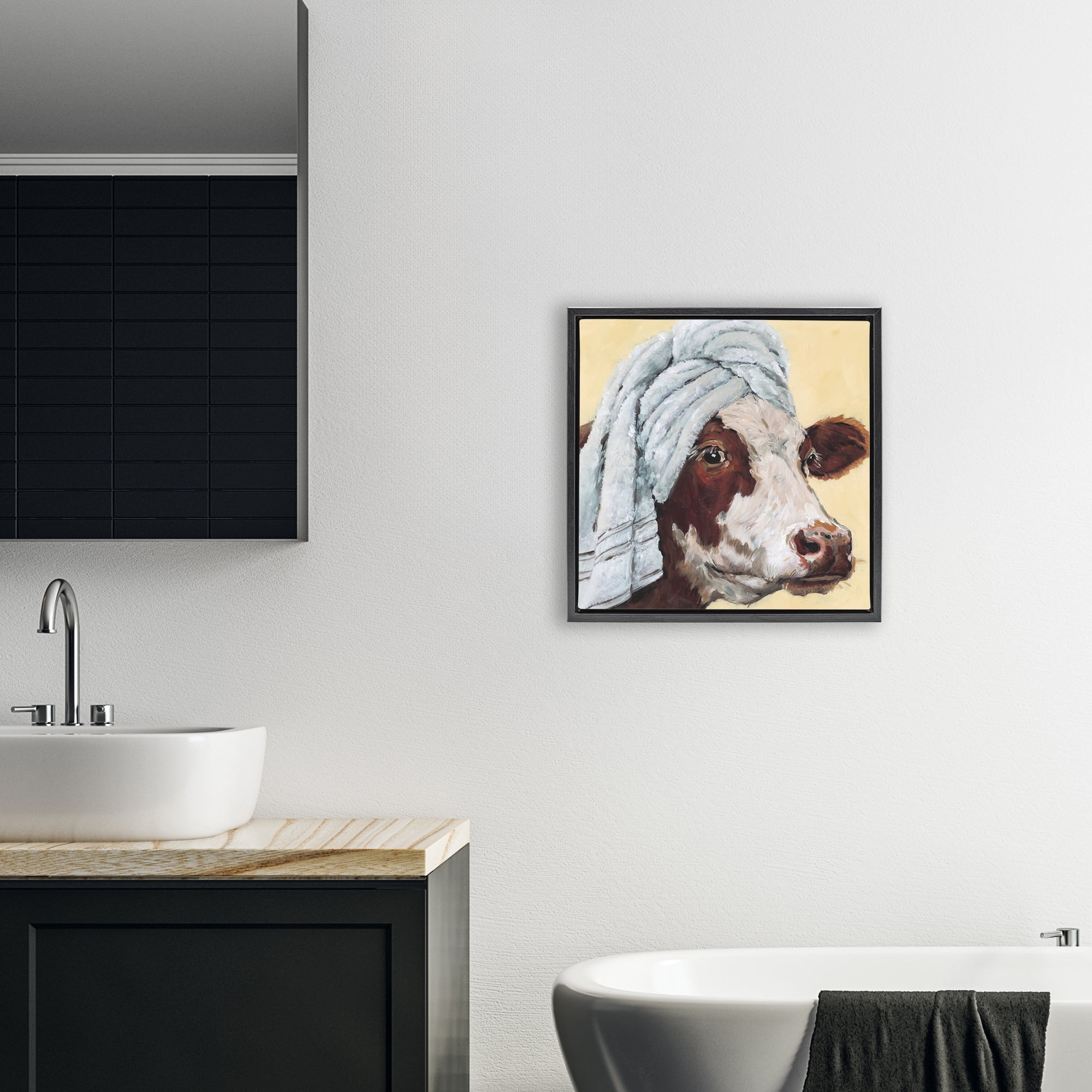 Stupell Industries Cow Spa with Towel Black Framed Floater Canvas Wall Art, design by Studio Bautista
