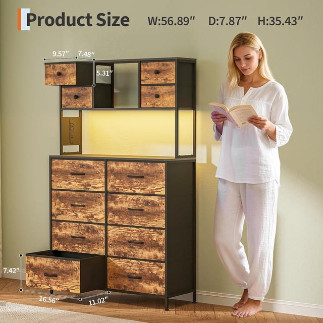 EDTara 12-Drawer Storage Dresser, Metal Frame Fabric Chest With Wood Top, Led Lighting, Outlet and Open Shelving