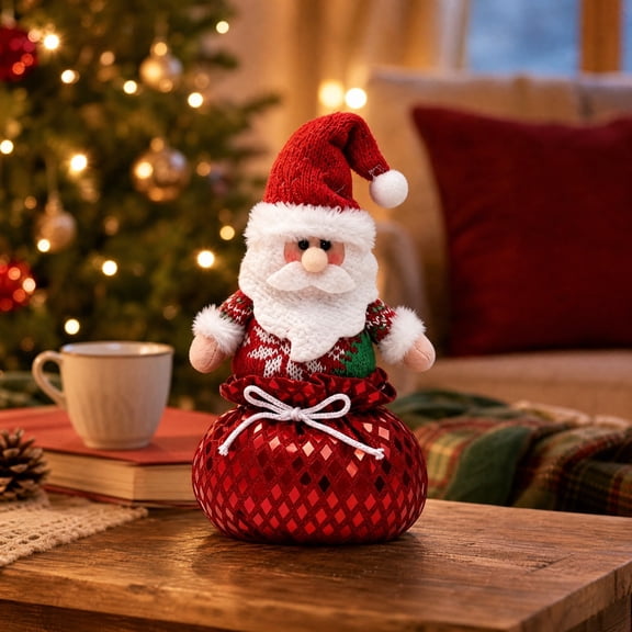 Christmas Tabletop Figurine, Soft Knitted Santa Doll Ornament With Sequin Base for Fireplace Mantel Holiday Decor