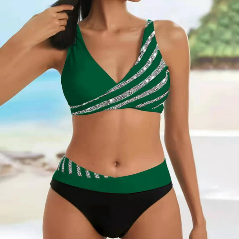 DNDKILG Women's Plus Size Bathing Suit Color Block Bikini Swimsuits V Neck  High Waisted Bikini Set Army Green M 