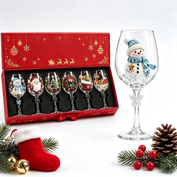 Christmas 3D Wine Glass Collection Gift Box Set, Christmas Wine Glasses,Raised Holiday Goblet with Snowflake Decor,Festive,Glassware,Holiday Party Decor,Wines & Cocktails,Table Decor