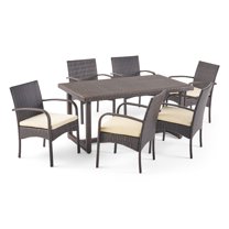 GDF Studio Acker Outdoor Wicker 7 Piece Dining Set with Cushion, Multibrown and Cream