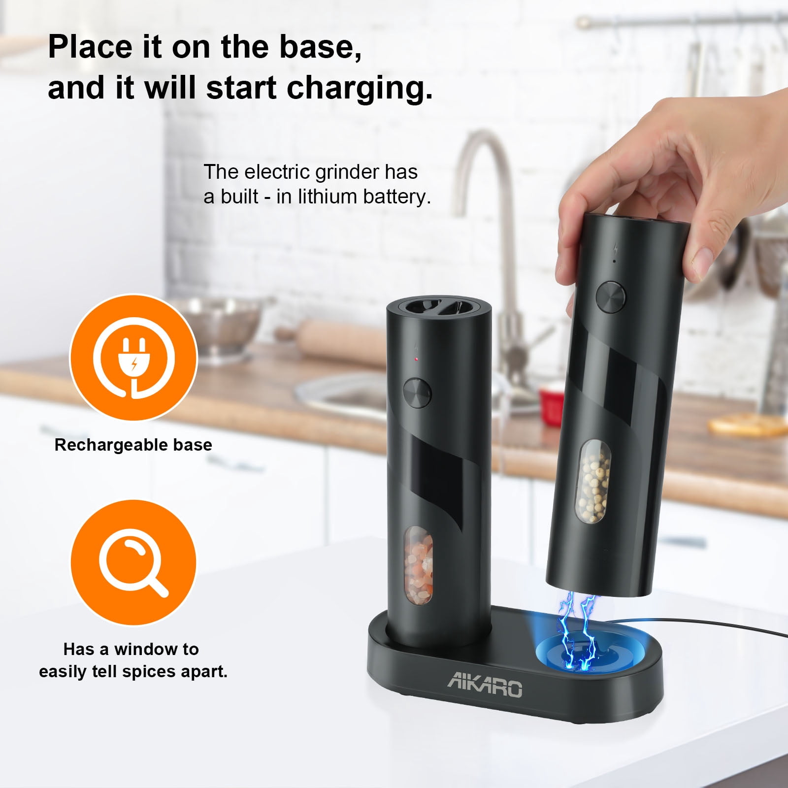 AIKARO - Electric Salt and Pepper Mill Automatic Spice Grinder, Rechargeable (Set)