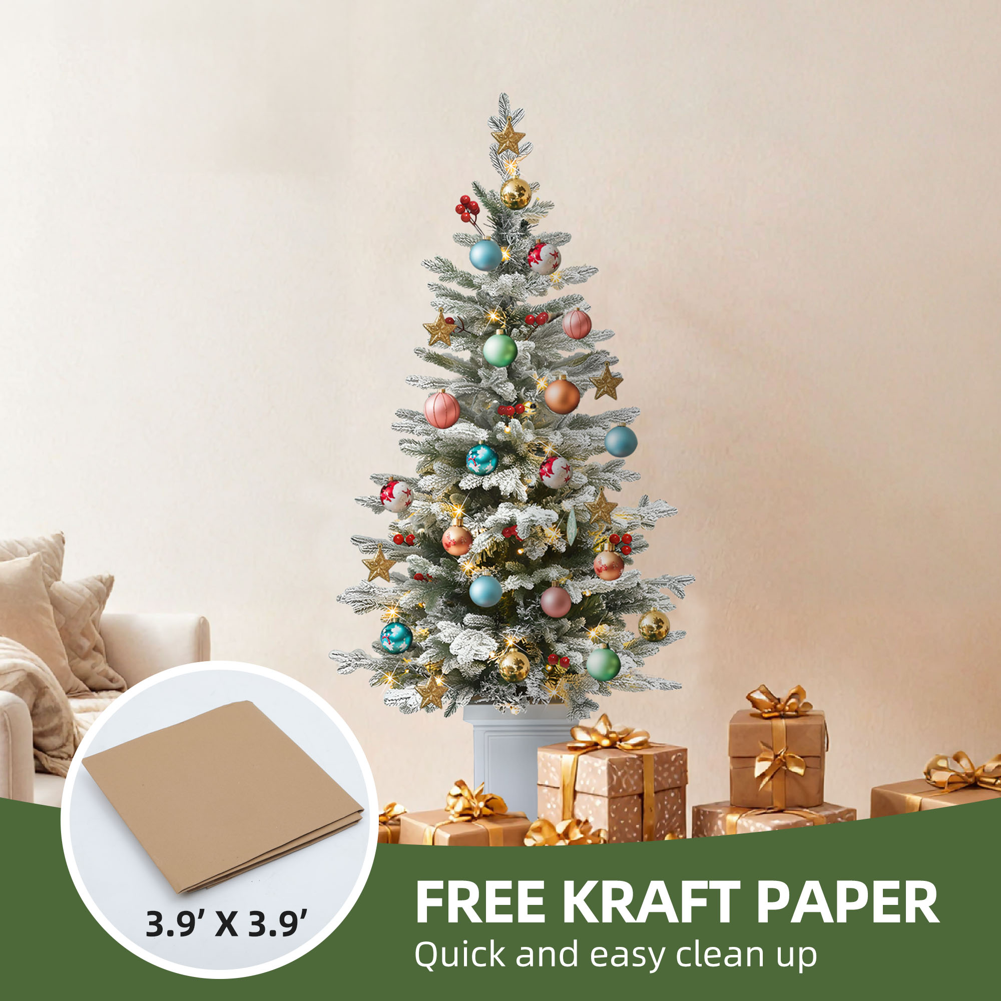Uforic 4.5ft Potted Pre-Lit Flocked Pencil Christmas Tree with 358 PE & PVC Tips & 100 Lights, White Flocked