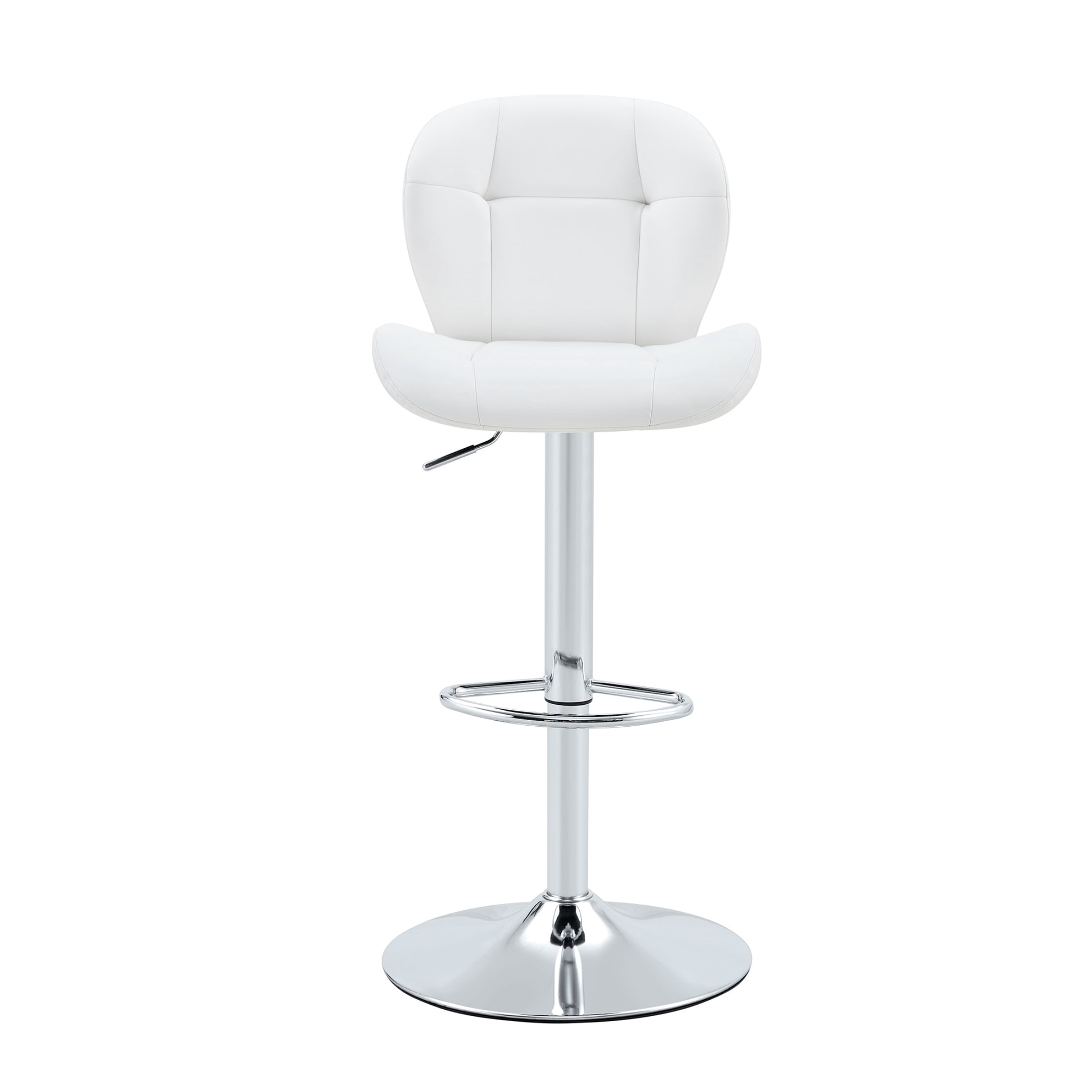 Bar Stools Set of 2, White PU Leather Upholstered Adjustable Swivel Barstools, Adjustable Height Bar Chairs with Silver Metal Base & Footrest for Kitchen Island, Pub, Bar
