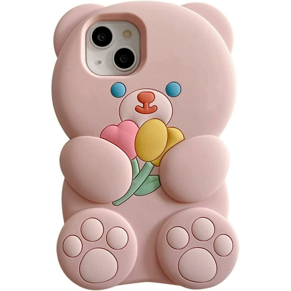 Kawaii Phone Cases Apply to iPhone 14,Cute Cartoon Bear Phone Case with Flower Teddy Bear Pink Phone Case 3D Case Soft Silicone Shockproof Cover