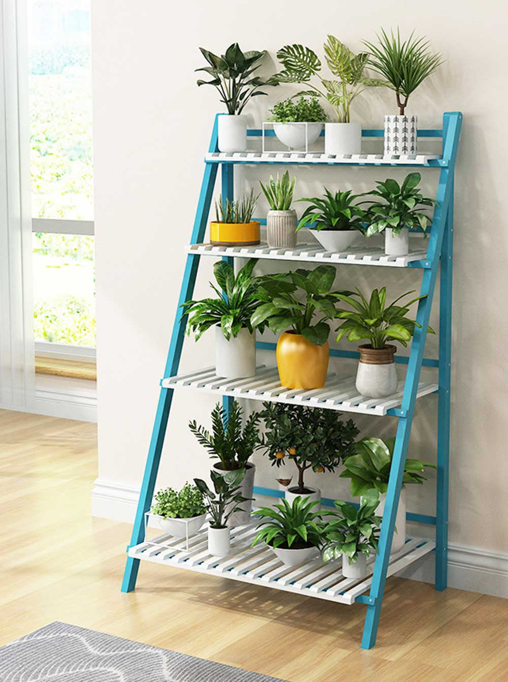 Free Standing 4-Tier Folding Plant Shelf Planter Stand Wood Indoor Pot Ladder 