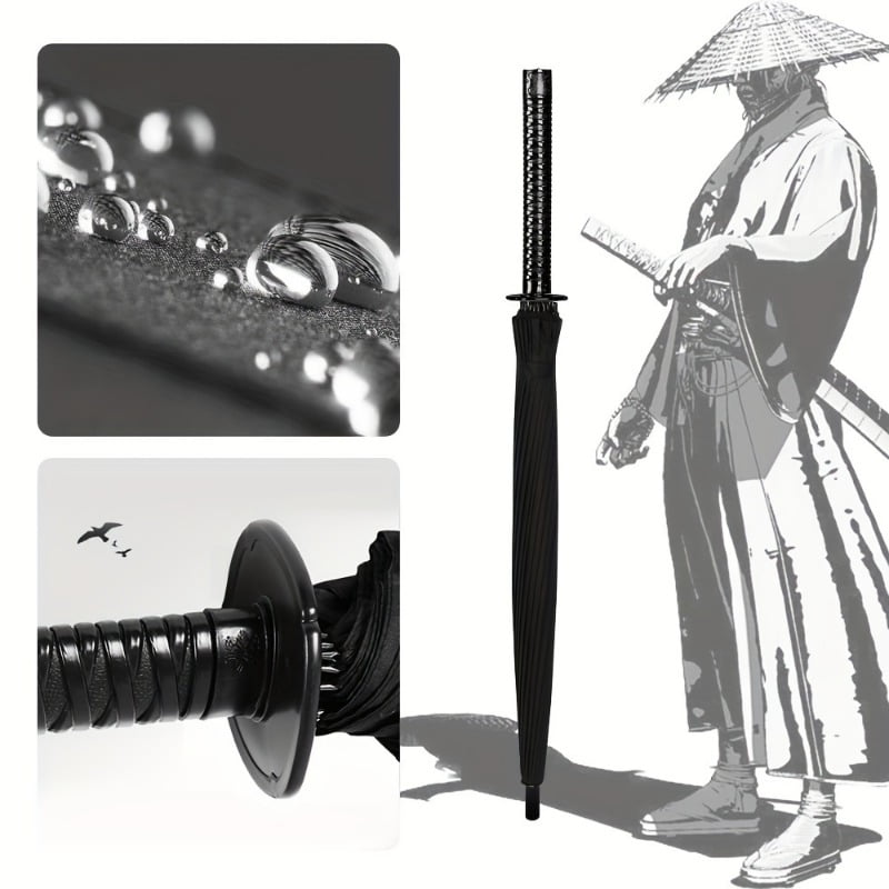 24-Rib Automatic Open Samurai Sword Cane Umbrella - Durable Plastic Handle, Waterproof Nylon Canopy, Stylish Sun & Rain Protectio，Black