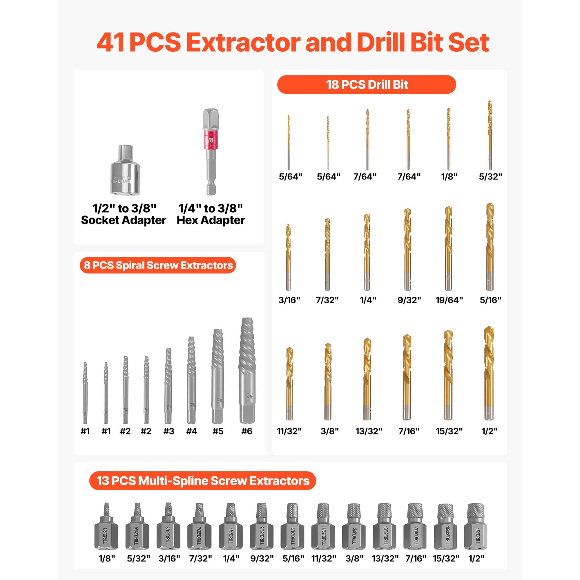 KFFKFF 41-Piece Screw Extractor Set with Drill Bits, Includes Bolt Extractors, Drill Bits, Adapters, Durable Storage Case, Cr-Mo Steel for Removing Damaged, Rounded, or Stripped Bolts and Screws