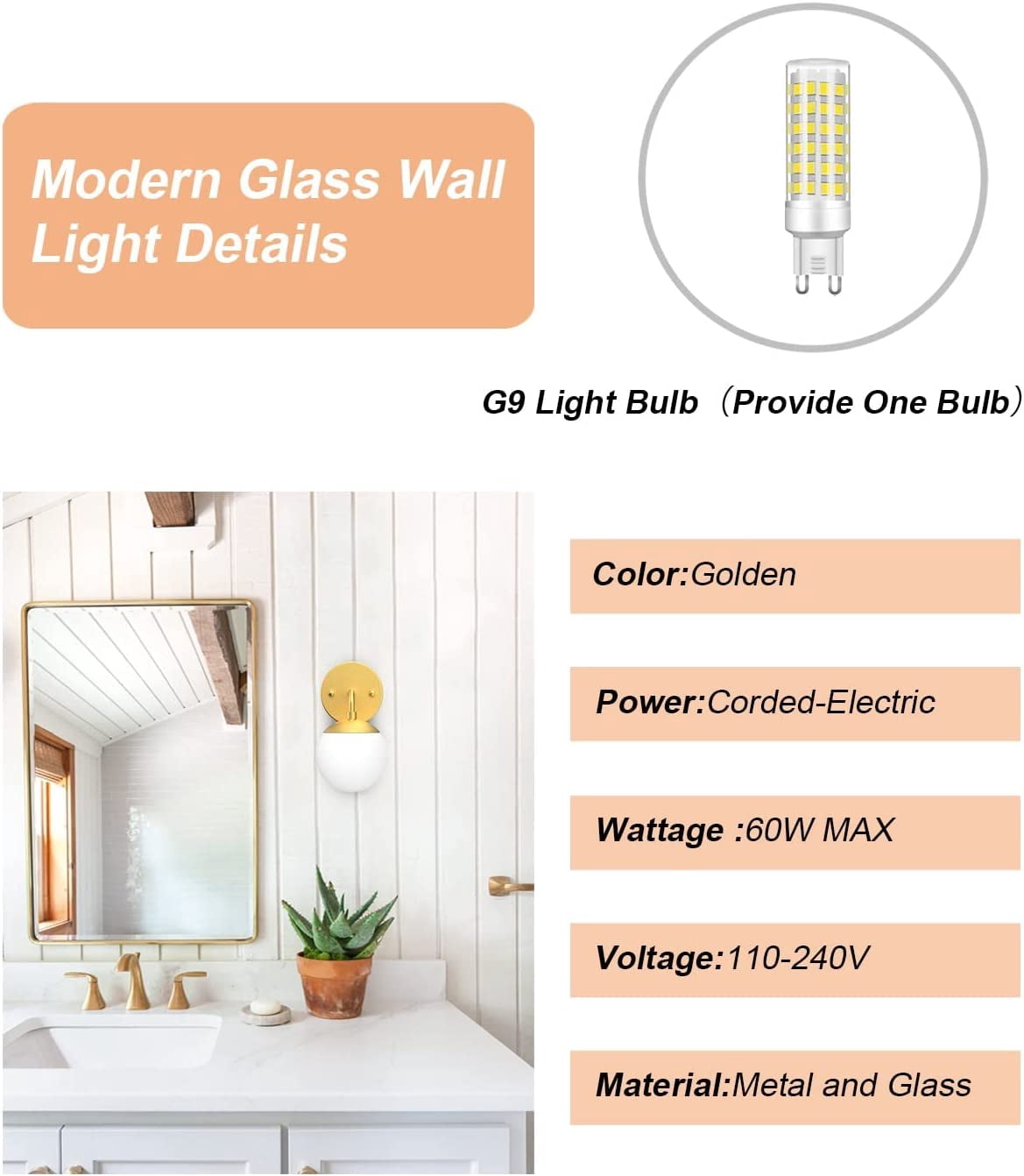 RGHJAR-Gold Wall Sconce 1 Light,Mid Century Modern Globe Wall Sconce, Gold Wall Light for Restaurant Living Room Bedside Stairs Bathroom Mirror(6000K G9 Bulbs Include)