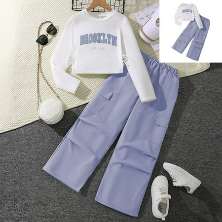 Girls Sets Long Sleeve Solid Crewneck Purple Loose Fashion Sweatshirts and Baggy Cargo Pants 2 Pcs Winter Clothes Girl Clothes 10-11 Years
