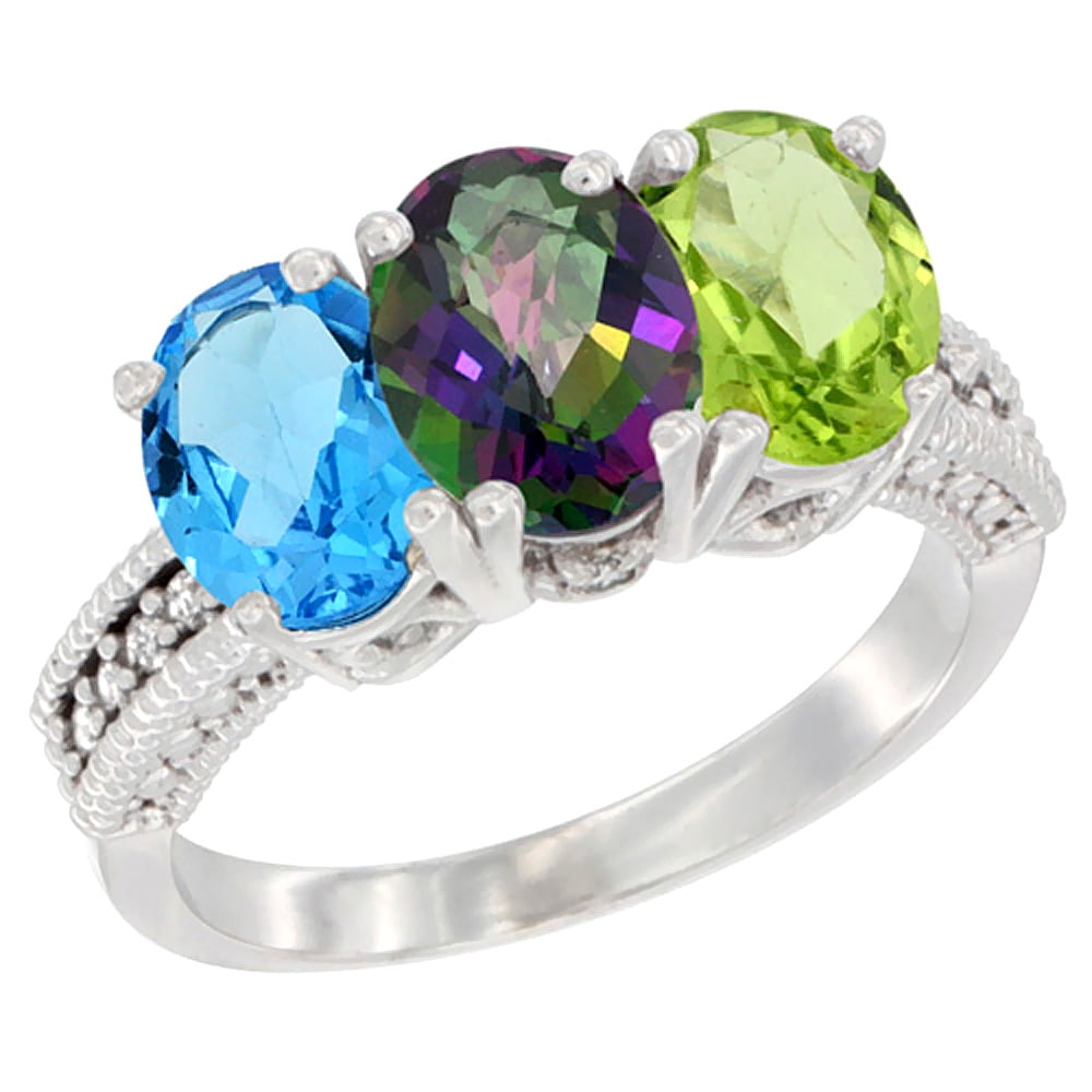 10K White Gold Natural Swiss Blue Topaz, Mystic Topaz & Peridot Ring 3-Stone Oval 7x5 mm Diamond Accent, sizes 5 10 by WorldJewels