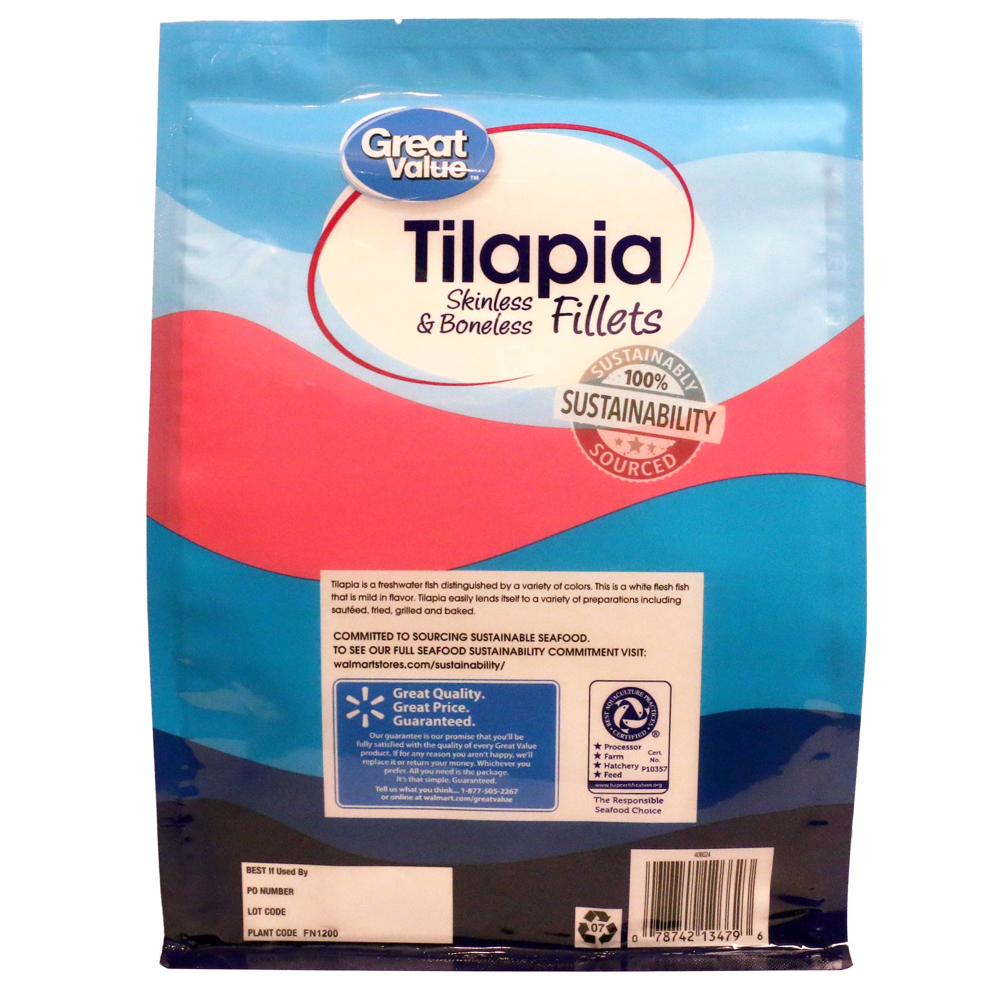 Great Value Boneless Skinless Tilapia Fillets, 2 lbs