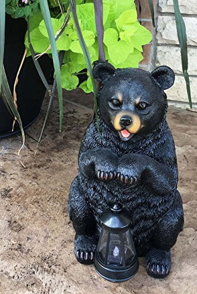 Rustic Garden Decorative Adorable Black Bear Holding Lantern Greeter Statue Figurine Solar LED Lantern Path Light For Outdoor Home Beautification