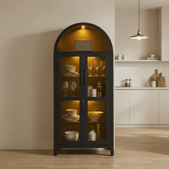 Modern Arch Storage Cabinet with Light & Adjustable Glass Shelves, Retro Multi-Functional Display Cabinet for Living Room Kitchen Bedroom, Black