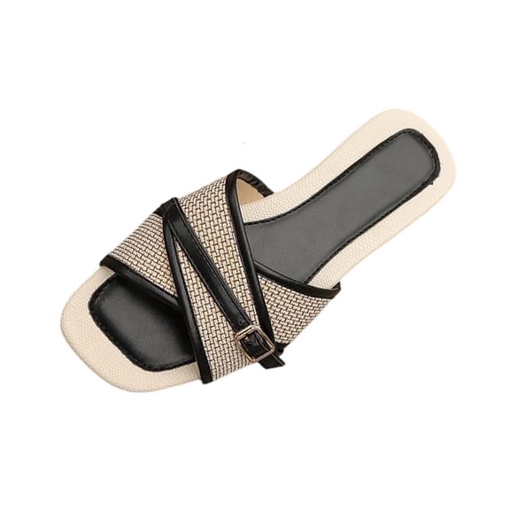 hlysgo Wide Width Sandals for Women Flat Casual Canvas woven Open Square Toe Comfortable Summer Beach Slide Sandal Black 7