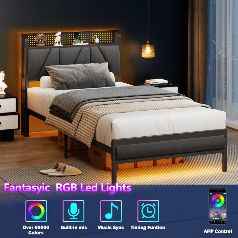 Satifur Twin Bed Frame, LED Charging Headboard photo 3