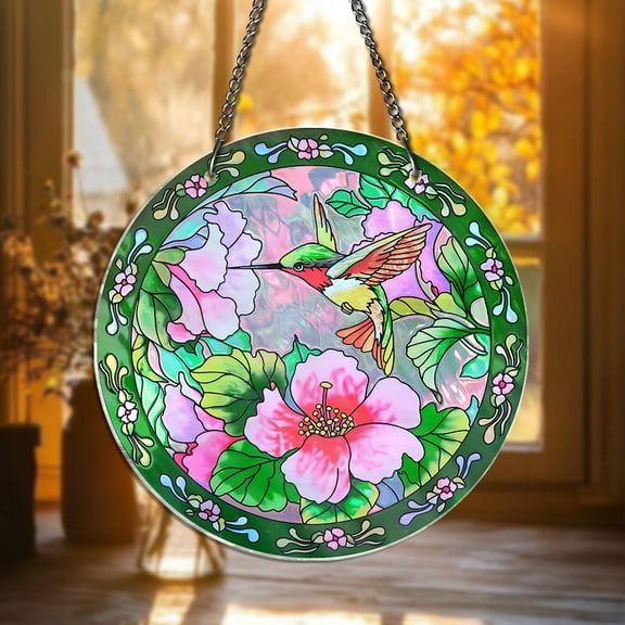 Hummingbird STAINED GLASS Suncatcher, Hummingbird Window Hanging, Bird Wall Art, Gifts for Mom, Flower Hummingbird Home Decor