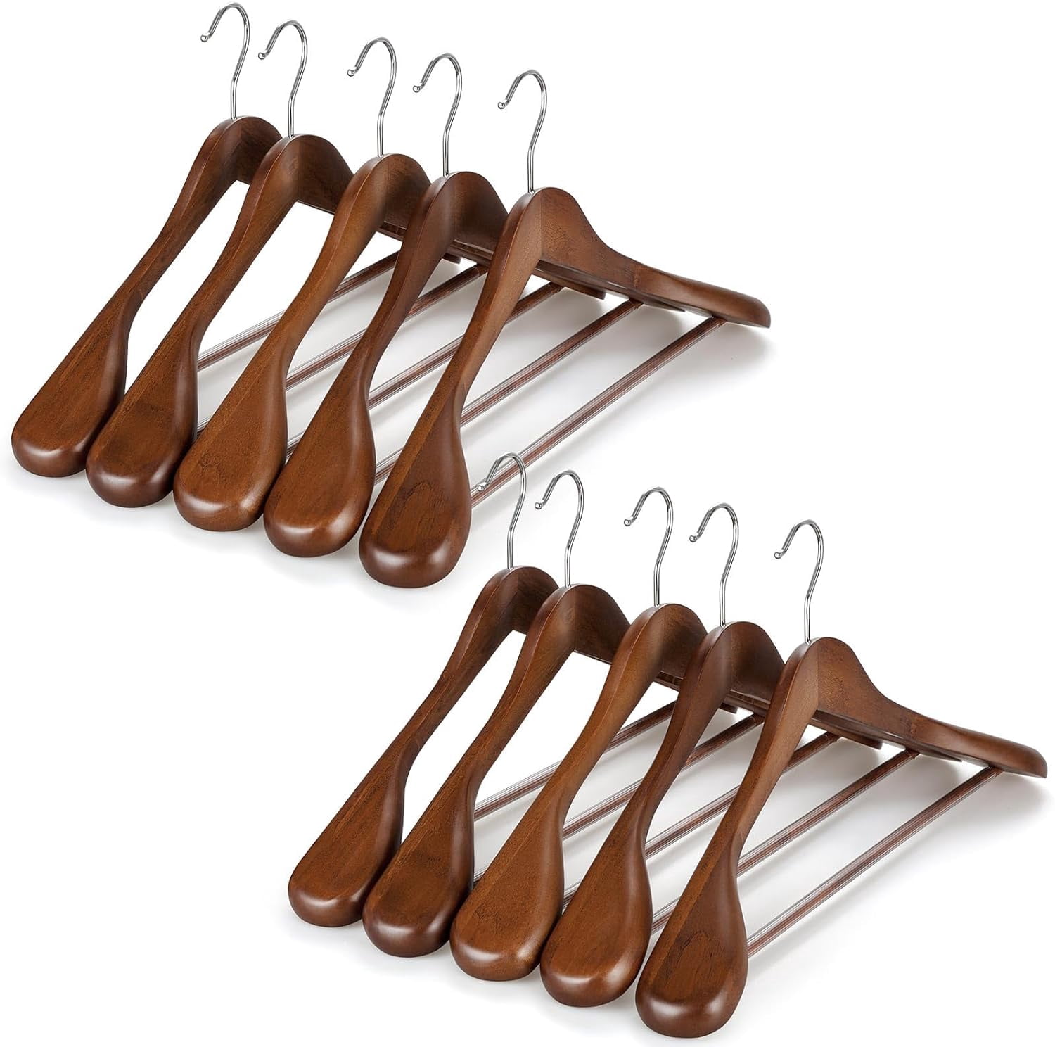 Solid Wood Wide Shoulder Suit Hangers with Non-Slip Pants Bar, 360 °   Swivel Hook, Heavy Duty Coat Hangers for Jackets, 10 Pack in Walnut
