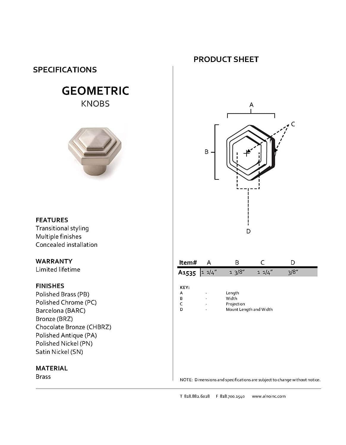 Alno A1535-BARC Geometric 1-1/4" Cabinet Knob Barcelona