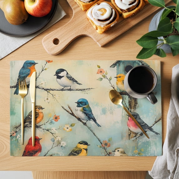 Spring Farmhouse Placemats Set of 6 Watercolor Natural Wild Birds Nest Floral Place Mats Indoor Wipeable Table Mats Washable Dining Table Placemats for Kitchen Holiday Party Home Decor 13x19 Inch