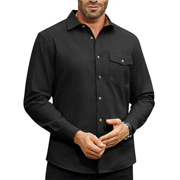 Blusa y camisa de manga larga con cuello vuelto para hombre, informal, lisa, con botones y bolsillo, de poliéster