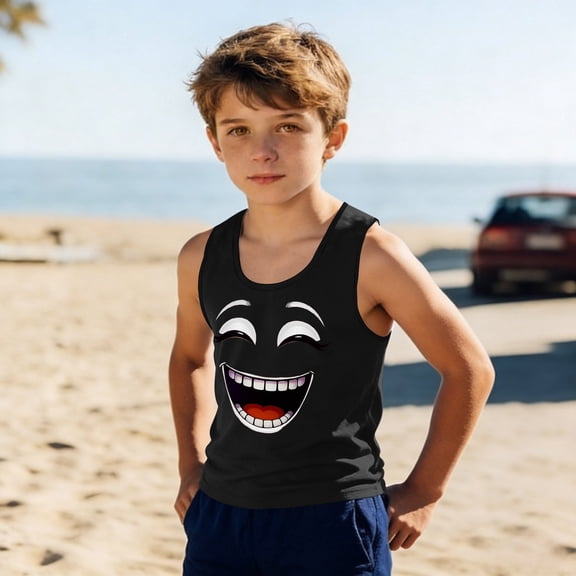 Boys' Face Print Smile Face Tank Top for Kids - Black Graphic Sleeveless Shirt - Breathable Summer Play Tee,Size 6 T
