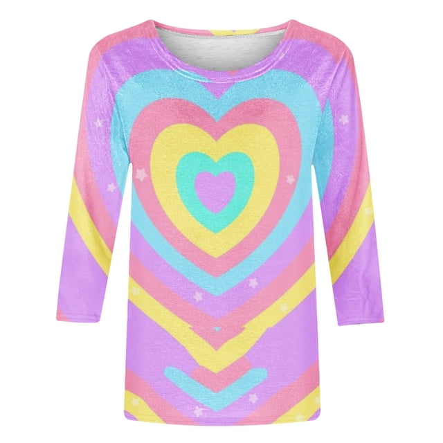 BLVB T-Shirt Graphique Teinture sur Nœuds Cœur pour Femmes T-Shirt de la Saint-Valentin Motif Mignon Manches 3/4 Hauts Col Rond Printemps
