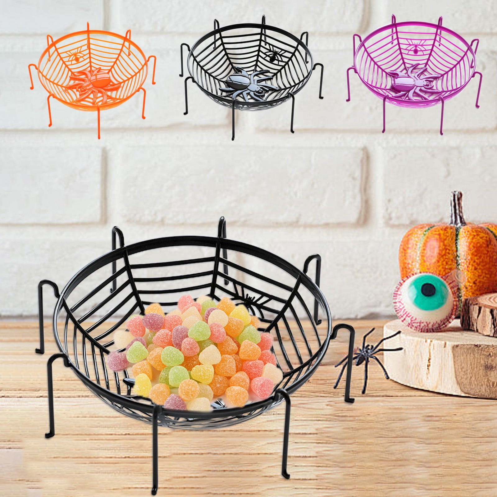 HEKEDES 3 Pack Halloween Candy Bowl Set - Spider Web Design Plastic Baskets For Trick Or Treat, Party Decor, Tableware