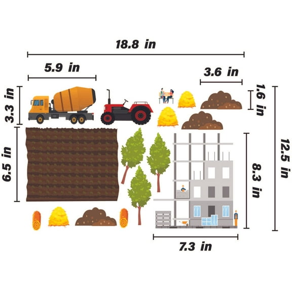 THE CITY - Home Bedroom Art City Construction Site & Farm Vinyl Sticker Kids Room Adhesive Wall Decal Sheet - Removable DIY Build A City Decoration Multicolored Vinyl Wall Decal 18.8" x 12.5"