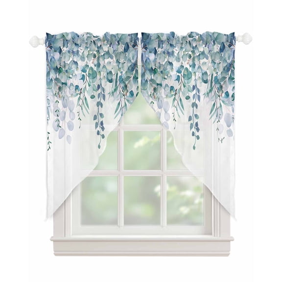 Teal Blue Eucalyptus Leaves Swag Valances for Windows, Spring Floral Summer Botanical Rod Pocket Sheer Valances for Windows, Swag Toppers Light Filtering for Kitchen Living Room 2 Panels 36''x63''