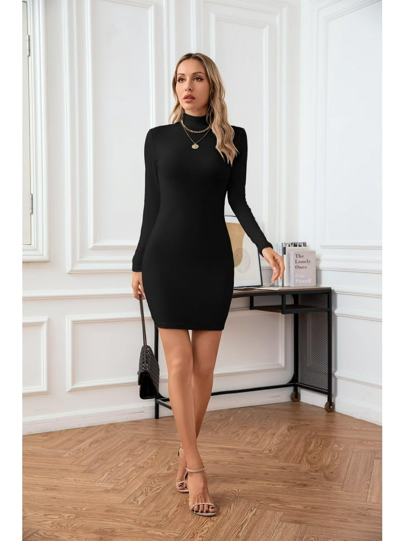 Vafful Womens Mini Bodycon Dress Mock Neck Long Sleeve Ribbed Slim Fit