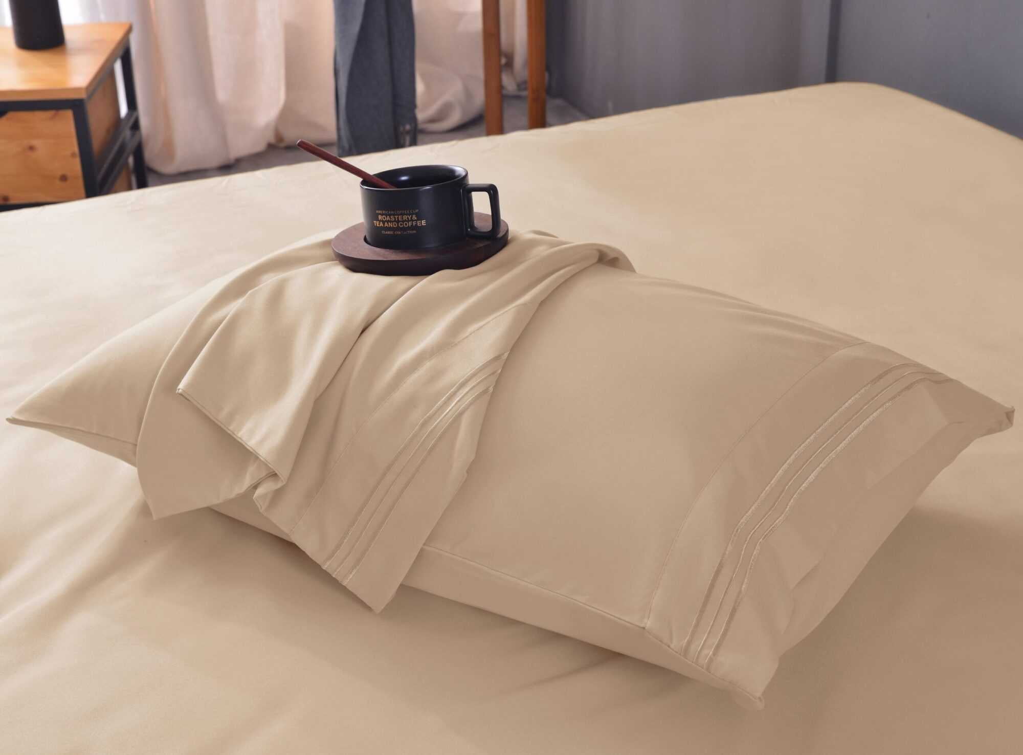 the Season Essentials Wrinkle Free Sheet Sets with Deep Pockets & Stain Resistant, 4 pc, 1800 Thread Count Bamboo Based, Beige, Queen